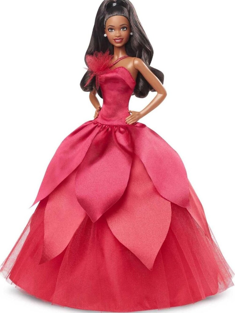 Holiday Collectible Doll with Dark-Brown Wavy Hair in Red Poinsettia Gown